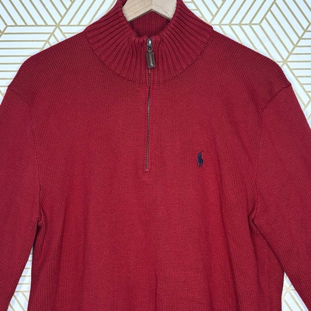 Polo Ralph Lauren Men Pullover Sweater 1/4 Zip Medium Red Preppy Casual Classic
